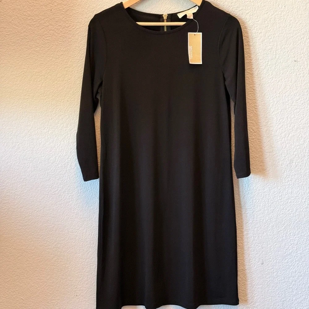 Michael Kors Shift Dress Long Sleeve Womens Black M Gold Back Zip NWT